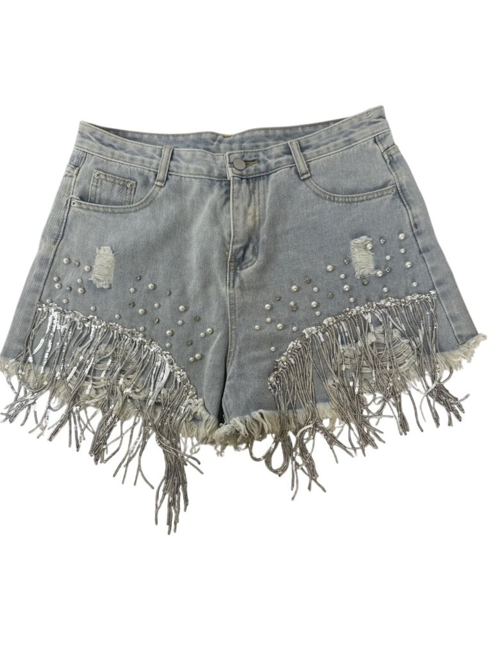Pearl & Fringe Distressed Light Wash Denim Shorts 3XL